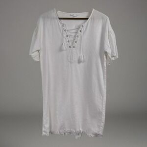 Love Tree‎ Blouse Top Women Small V-neck Fringe White Cotton Boho Hippie